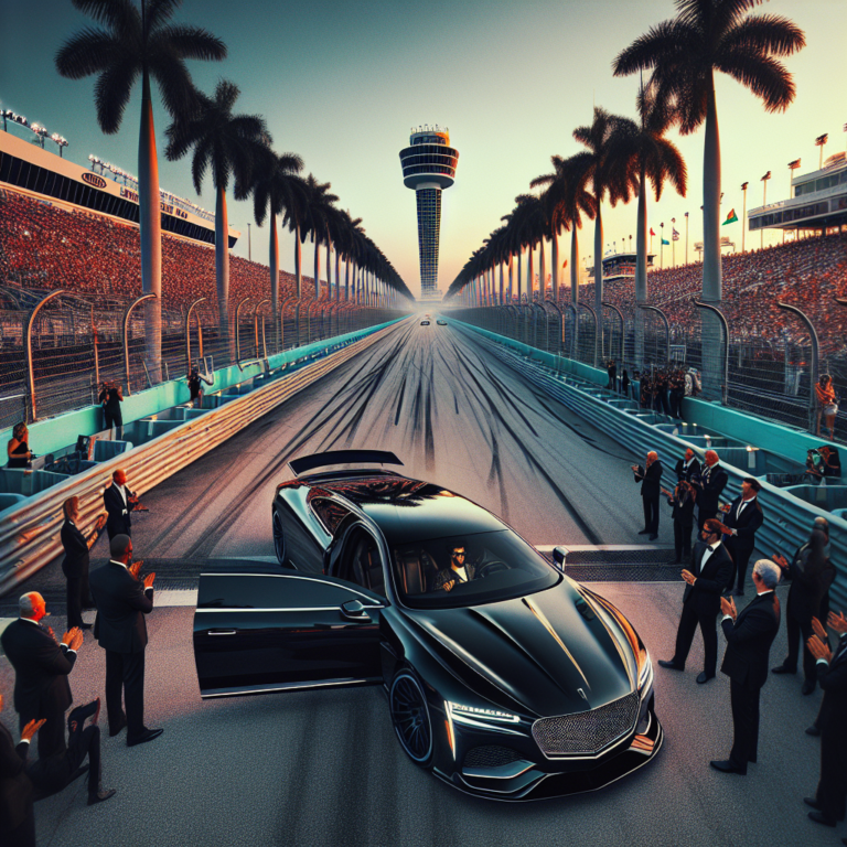 Luxury car at racetrack starting line with crowd