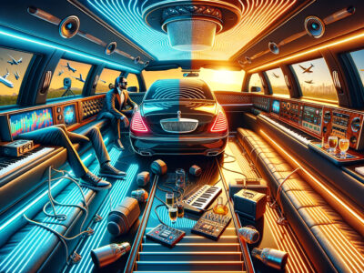 Futuristic limousine studio interior with car and musician