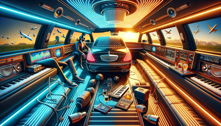 Futuristic limousine studio interior with car and musician