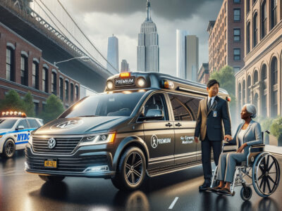 Medical transport van assisting elderly woman in wheelchair