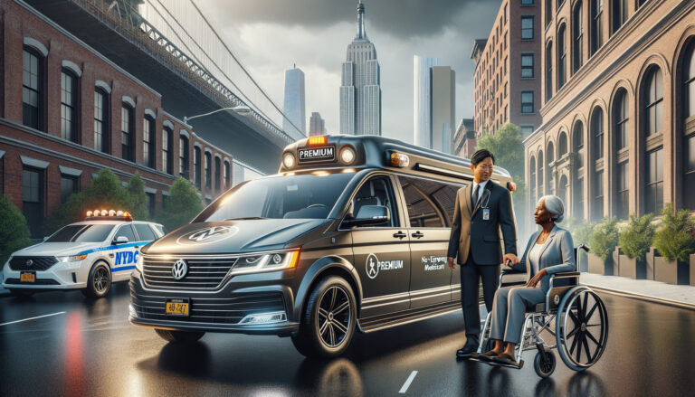 Medical transport van assisting elderly woman in wheelchair