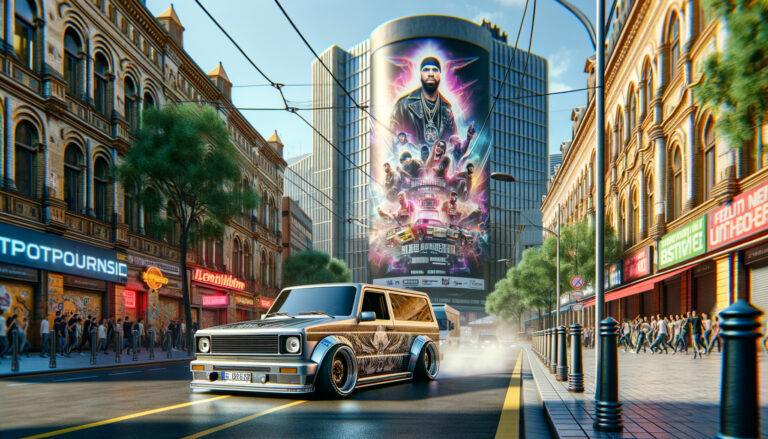 Customized SUV drifting on city street below billboard