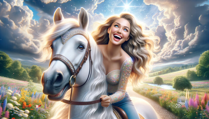 Smiling woman riding white horse in fantasy meadow