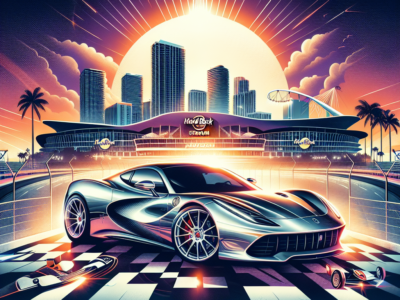 Futuristic silver sports car at Miami stadium sunset