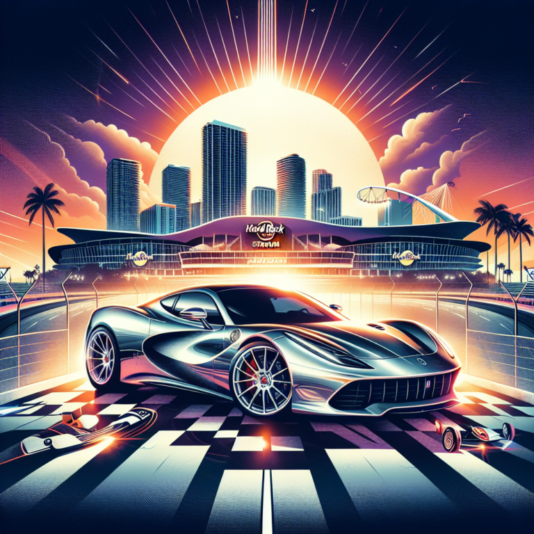 Futuristic silver sports car at Miami stadium sunset