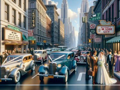 1930s wedding procession with vintage cars in city
