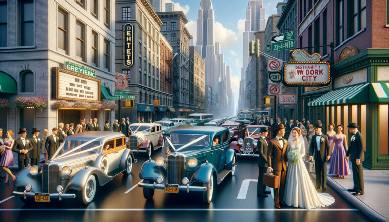1930s wedding procession with vintage cars in city