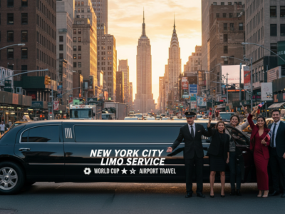 A black limousine and group on a New York street.