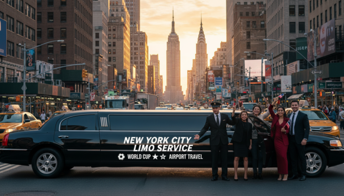 A black limousine and group on a New York street.