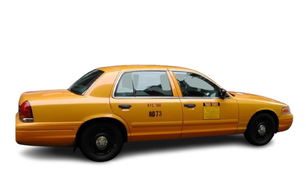 Side view of a yellow New York City taxi cab.