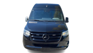 Front view of a black Mercedes-Benz Sprinter van.