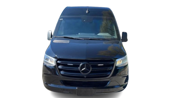 Front view of a black Mercedes-Benz Sprinter van.