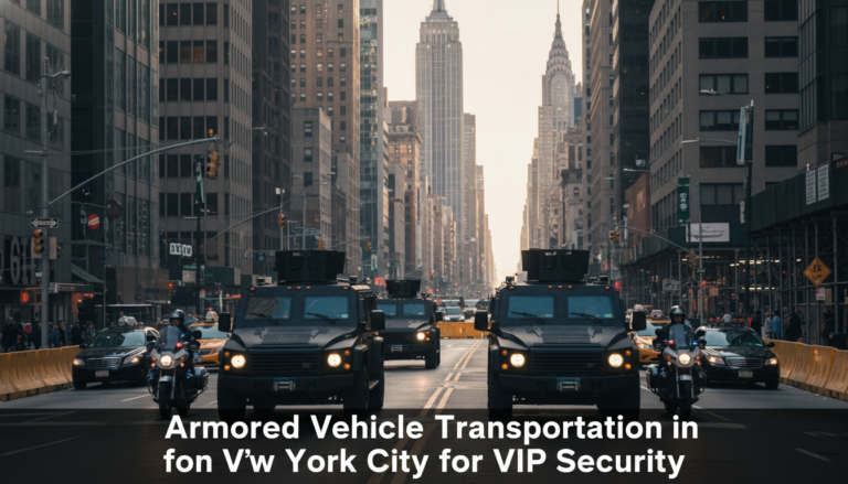 Armored vehicle convoy on a New York City street for VIP security.