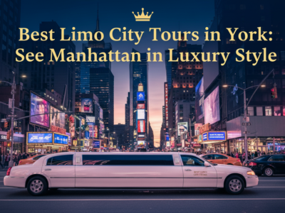 Luxury white limo in bustling Manhattan for city tours.