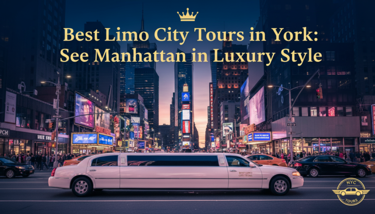 Luxury white limo in bustling Manhattan for city tours.