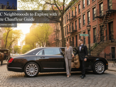 Elegant couple exiting luxury car in charming NYC neighborhood.