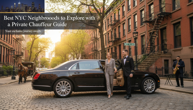 Elegant couple exiting luxury car in charming NYC neighborhood.