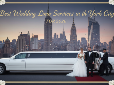 Wedding couple exiting white limo with New York City skyline.