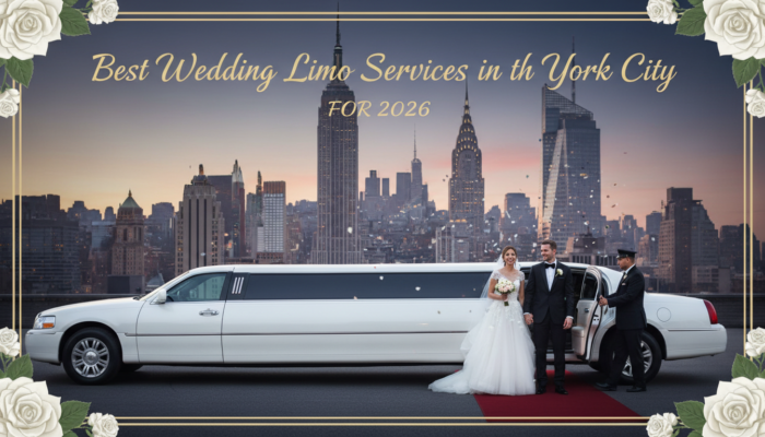 Wedding couple exiting white limo with New York City skyline.