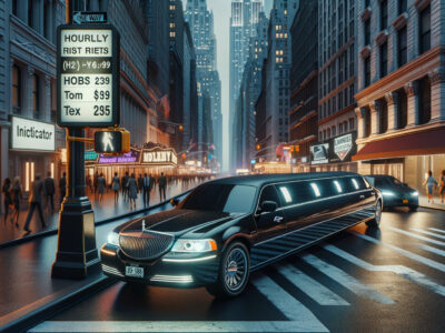 Black limousine on a busy city street at night.