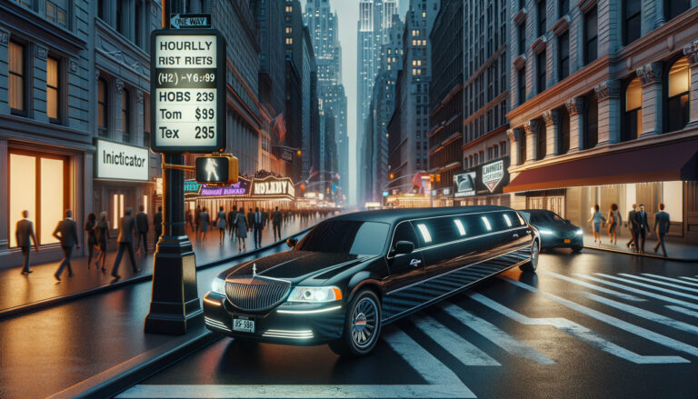 Black limousine on a busy city street at night.