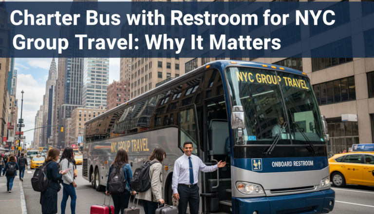 NYC charter bus with onboard restroom for group travel.