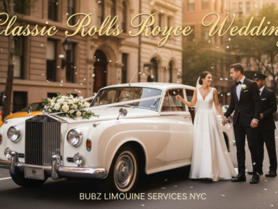 Classic Rolls Royce wedding with bride, groom, falling petals.