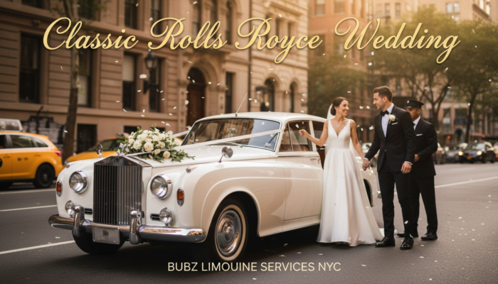 Classic Rolls Royce wedding with bride, groom, falling petals.