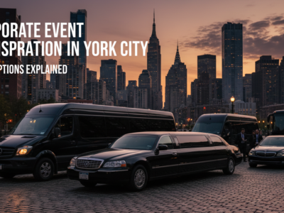 New York City luxury corporate event transportation fleet at sunset.