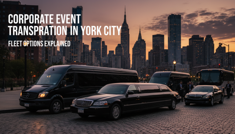 New York City luxury corporate event transportation fleet at sunset.