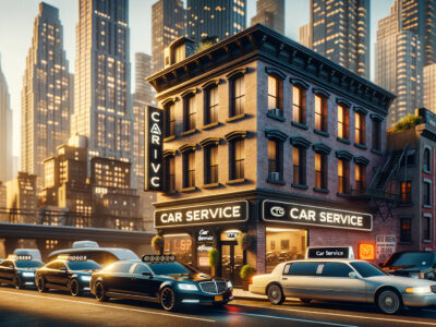 City street with a 'Car Service' building and parked cars.