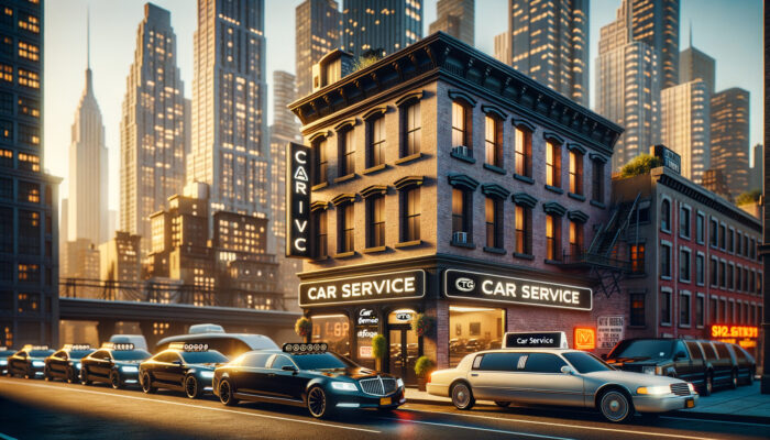 City street with a 'Car Service' building and parked cars.