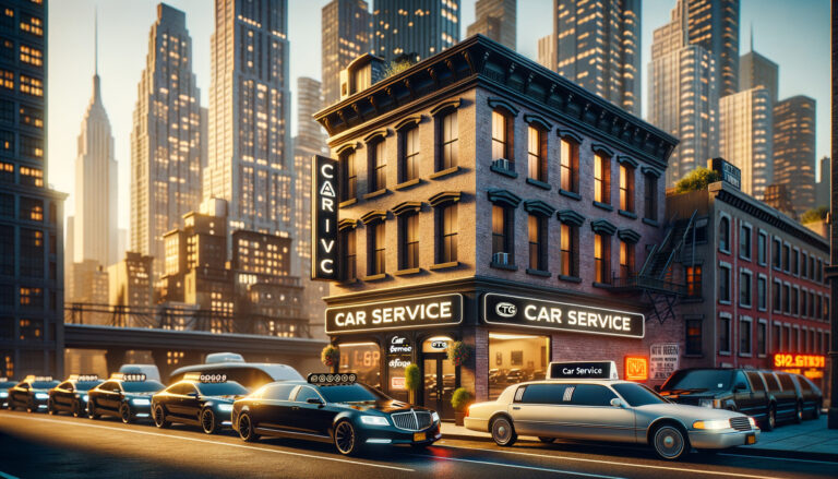 City street with a 'Car Service' building and parked cars.