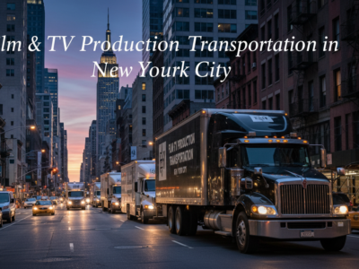 Film and TV production transportation trucks in New York City.