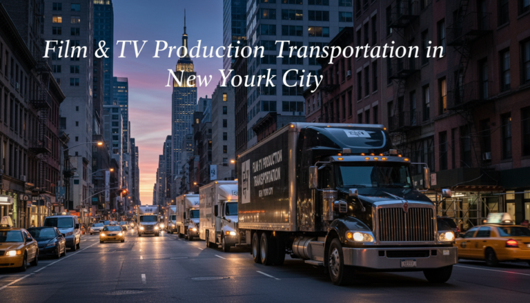 Film and TV production transportation trucks in New York City.