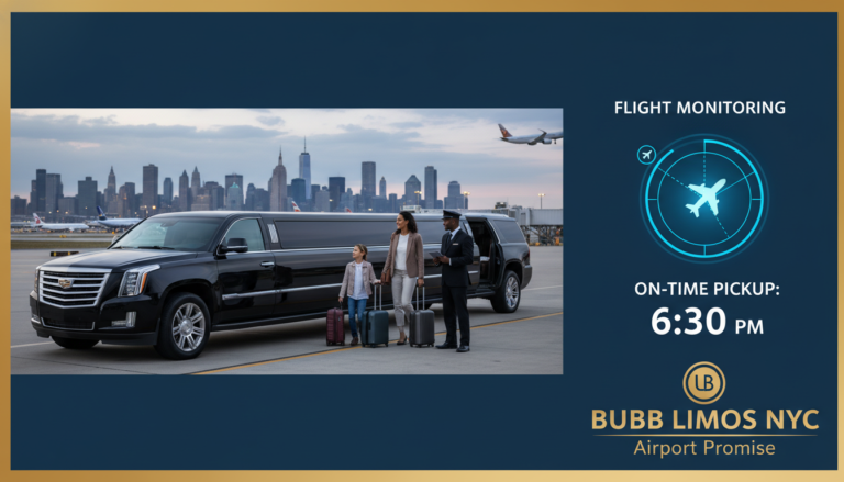 Chauffeur, family, luxury limo, NYC airport transfer service.