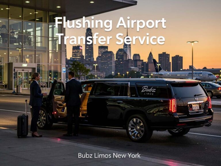 A black SUV airport transfer service with NYC skyline.