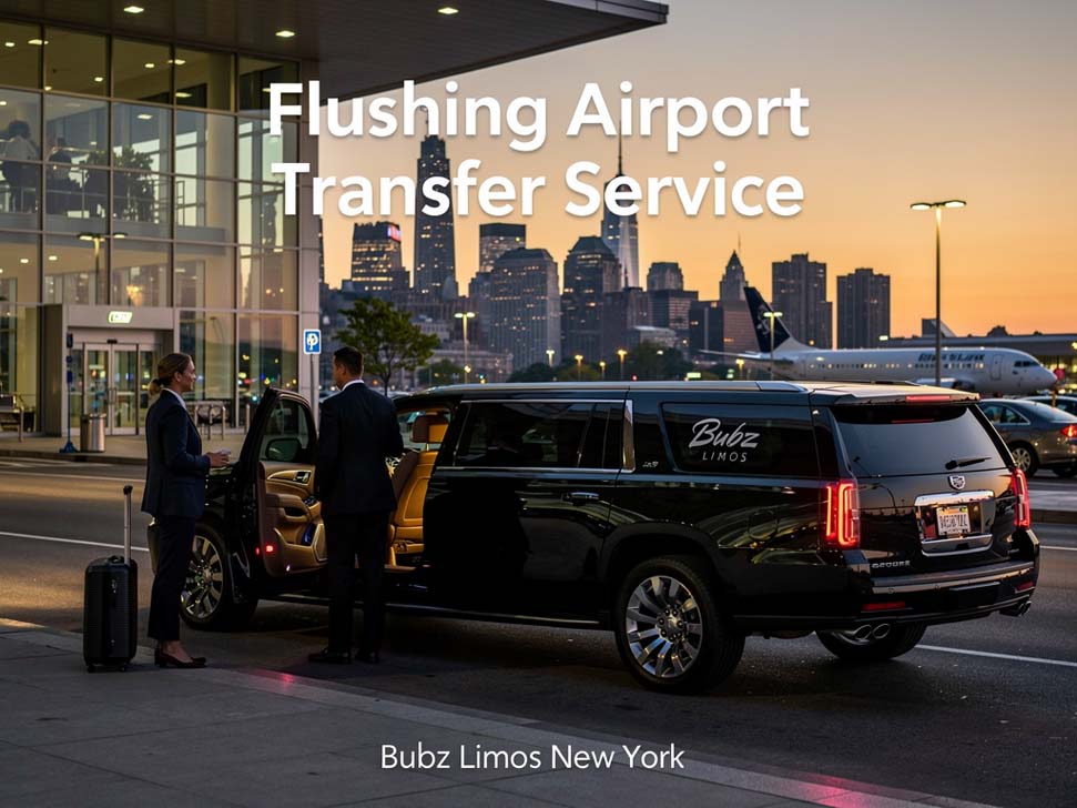 A black SUV airport transfer service with NYC skyline.