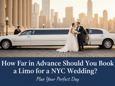 NYC wedding couple with white limousine and chauffeur.