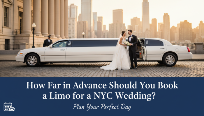 NYC wedding couple with white limousine and chauffeur.