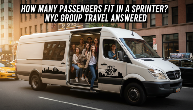 Group of people in NYC Sprinter van for group travel.