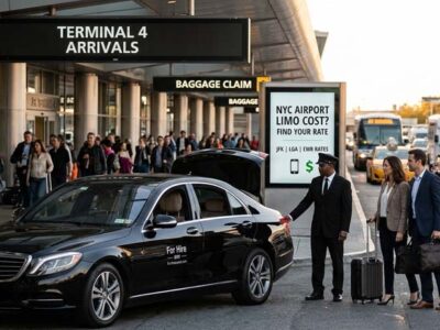 Chauffeur assisting couple with luggage at NYC airport terminal.