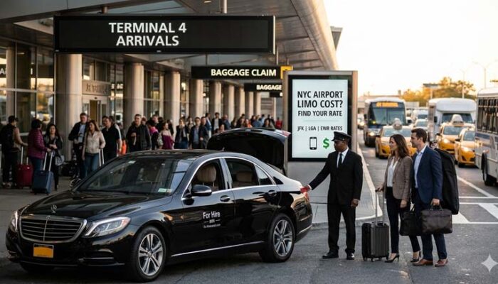 Chauffeur assisting couple with luggage at NYC airport terminal.
