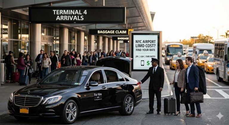 Chauffeur assisting couple with luggage at NYC airport terminal.