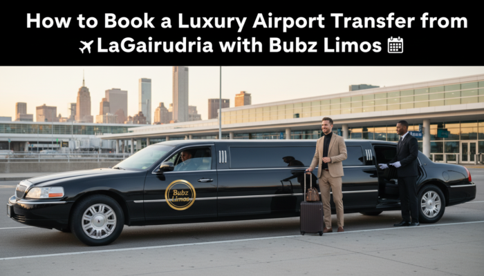 Bubz Limos luxury airport transfer with passenger and chauffeur.