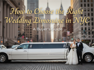 Happy bride and groom next to a white wedding limousine in NYC.