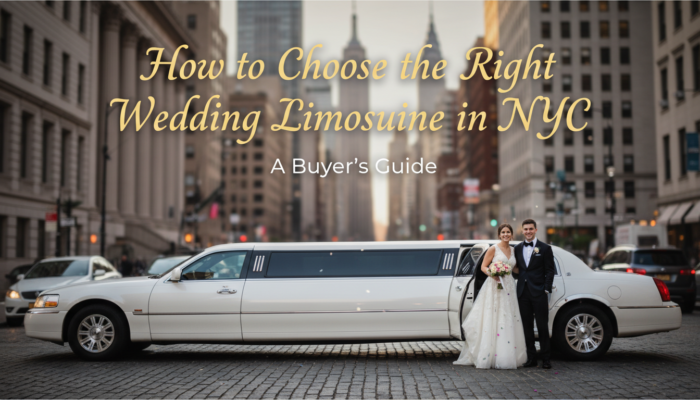 Happy bride and groom next to a white wedding limousine in NYC.