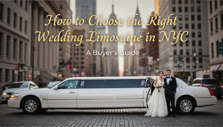 Happy bride and groom next to a white wedding limousine in NYC.