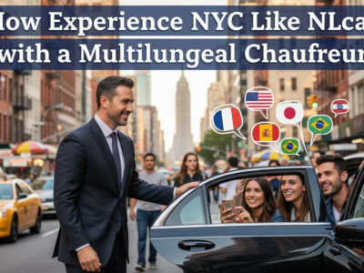 Multilingual chauffeur assisting happy passengers in New York City.