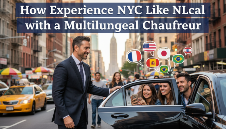 Multilingual chauffeur assisting happy passengers in New York City.